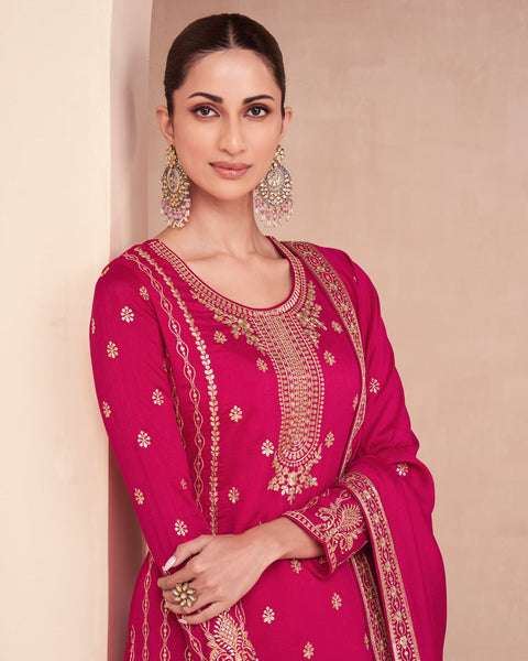 Pink Silk Readymade Salwar Suit With Sequins & Zari Work & Embroidered Palazzo & Dupatta