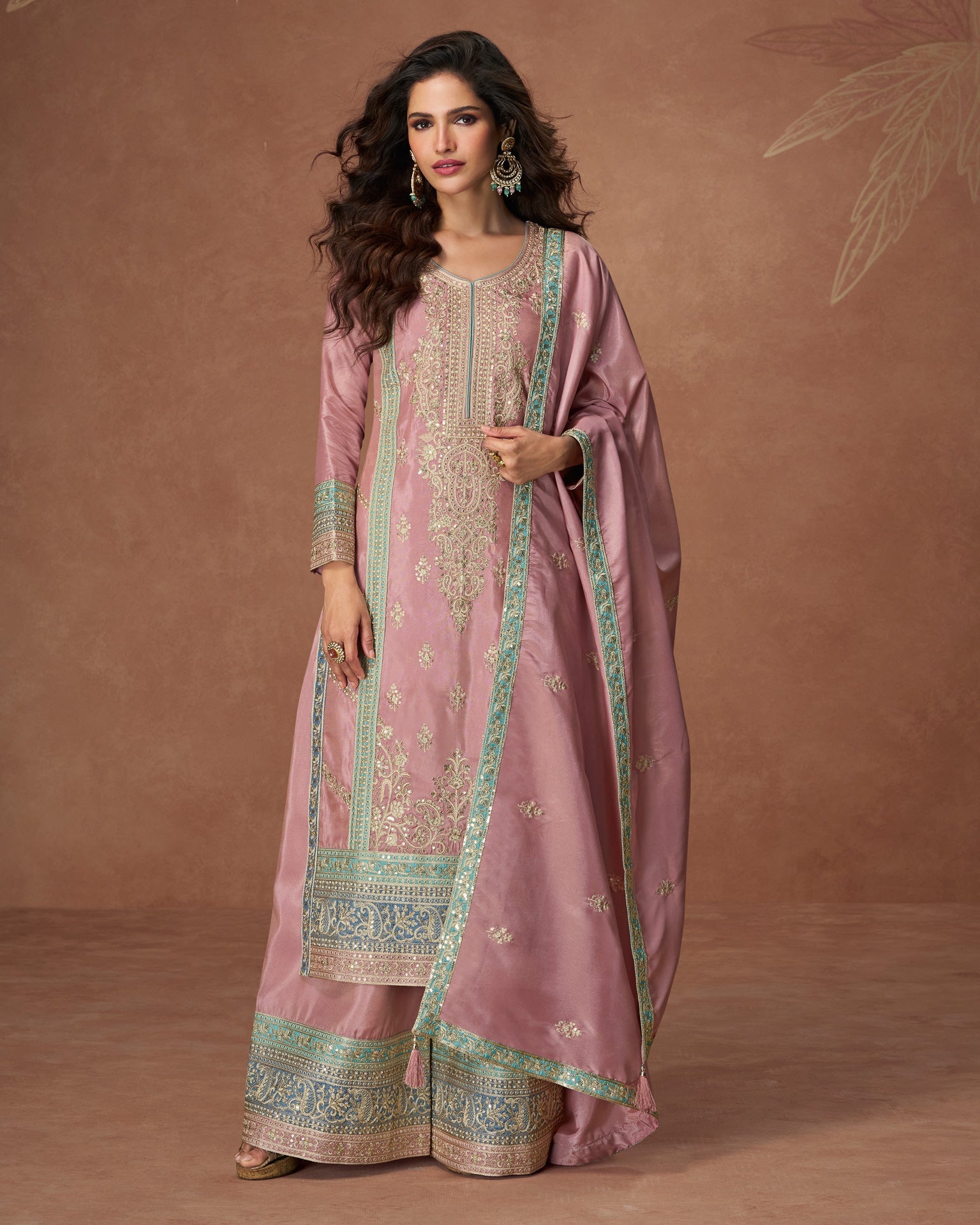 Pink Zari Work Organza Simar Silk Wedding Palazzo Suit With Embroidered Dupatta