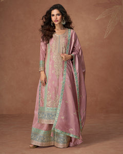 Pink Zari Work Organza Simar Silk Wedding Palazzo Suit With Embroidered Dupatta