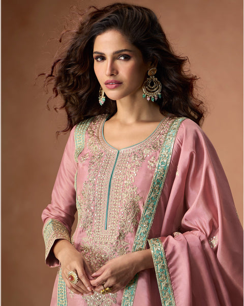 Pink Zari Work Organza Simar Silk Wedding Palazzo Suit With Embroidered Dupatta