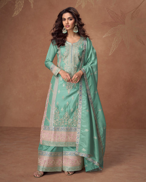 Sky Blue Zari Work Organza Simar Silk Wedding Palazzo Suit With Embroidered Dupatta