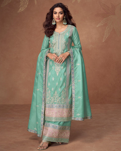Sky Blue Zari Work Organza Simar Silk Wedding Palazzo Suit With Embroidered Dupatta