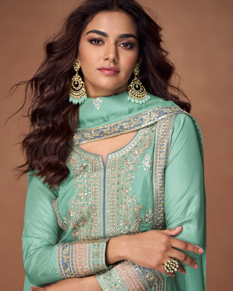 Sky Blue Zari Work Organza Simar Silk Wedding Palazzo Suit With Embroidered Dupatta