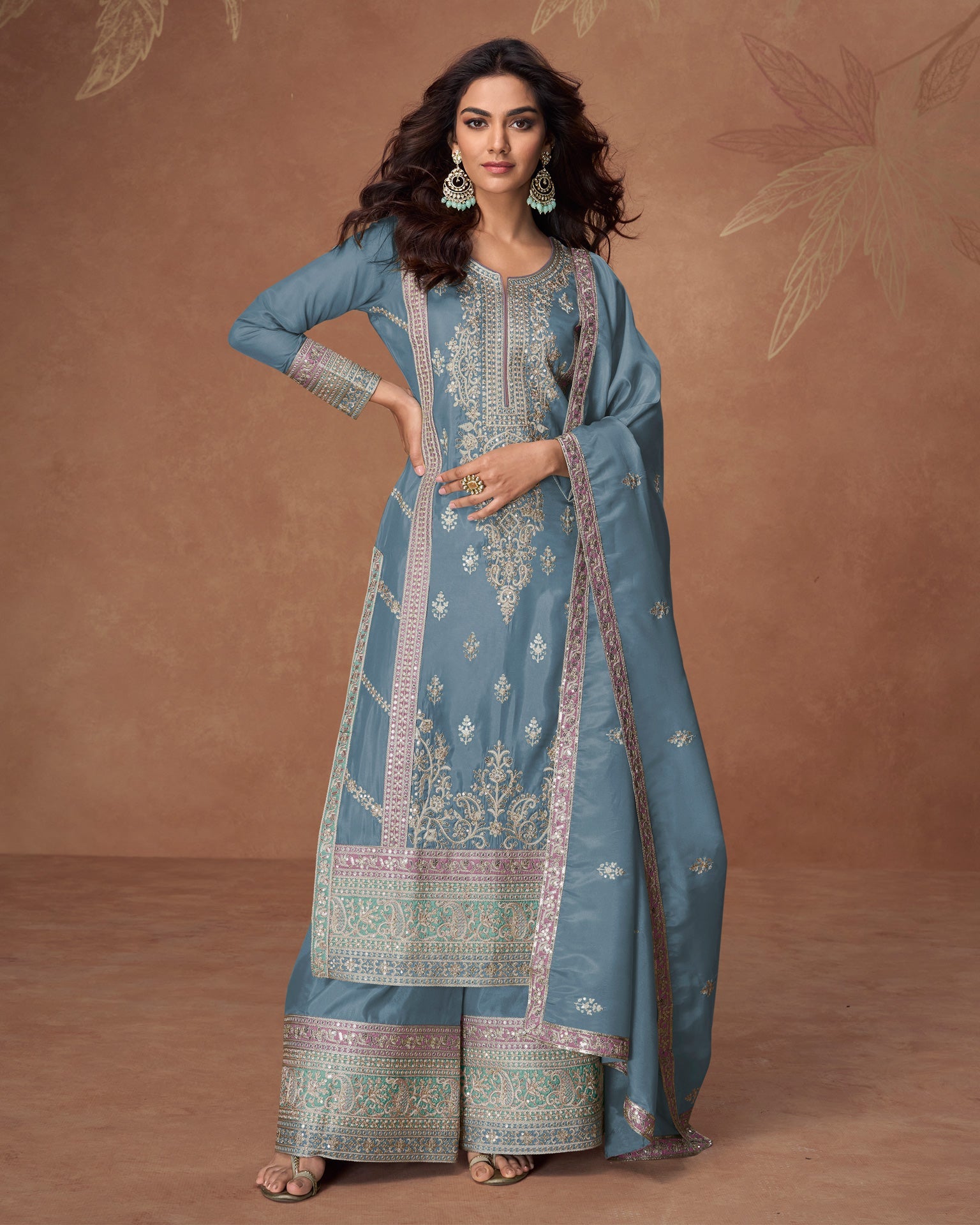 Blue Zari Work Organza Simar Silk Wedding Palazzo Suit With Embroidered Dupatta
