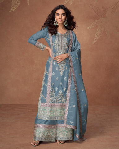 Blue Zari Work Organza Simar Silk Wedding Palazzo Suit With Embroidered Dupatta