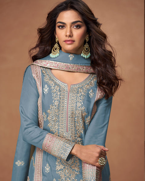 Blue Zari Work Organza Simar Silk Wedding Palazzo Suit With Embroidered Dupatta