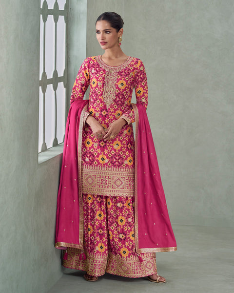 Pink Chinnon Silk Zari Sequins Work Digital Print Women Readymade Palazzo Suit