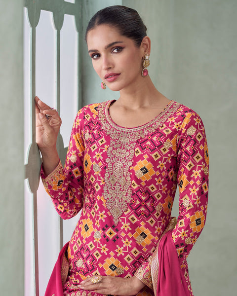Pink Chinnon Silk Zari Sequins Work Digital Print Women Readymade Palazzo Suit