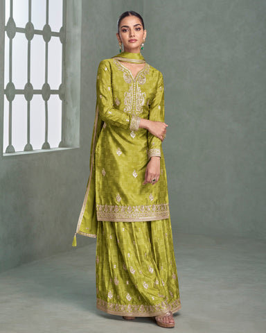 Green Chinnon Silk Zari Sequins Work Digital Print Women Readymade Palazzo Suit