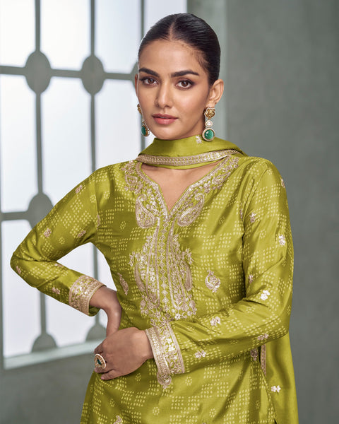 Green Chinnon Silk Zari Sequins Work Digital Print Women Readymade Palazzo Suit