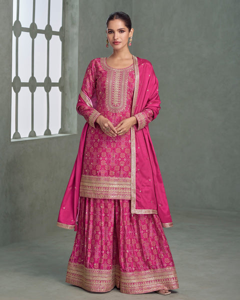 Pink Chinnon Silk Zari Sequins Work Digital Print Women Readymade Palazzo Suit