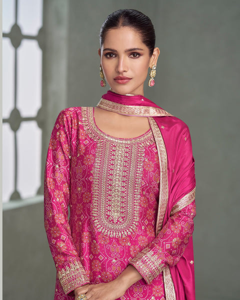 Pink Chinnon Silk Zari Sequins Work Digital Print Women Readymade Palazzo Suit