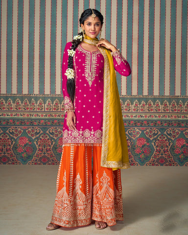 Chinnon Silk Pink Orange Zari Mirror Work Women Readymade Palazzo Suit