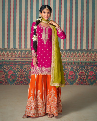 Chinnon Silk Pink Orange Zari Mirror Work Women Readymade Palazzo Suit