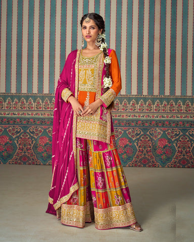 Chinnon Silk Orange Pink Zari Mirror Work Women Readymade Palazzo Suit