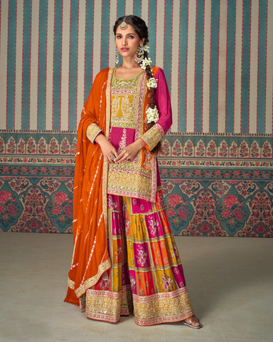 Chinnon Silk Orange Pink Zari Mirror Work Women Readymade Palazzo Suit