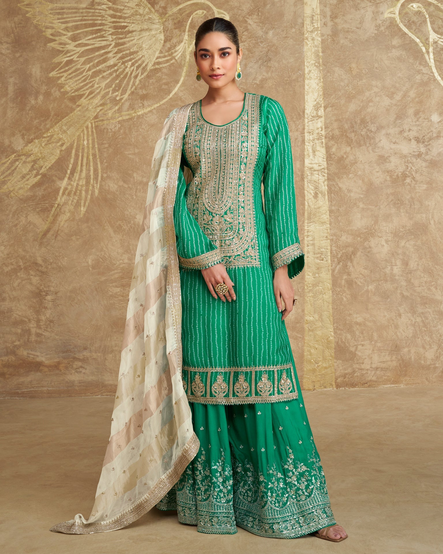 Green Women Bhandhni Print Chinnon Silk Zari Work Embroidered Readymade Sharara Suit With Embroidered Dupatta