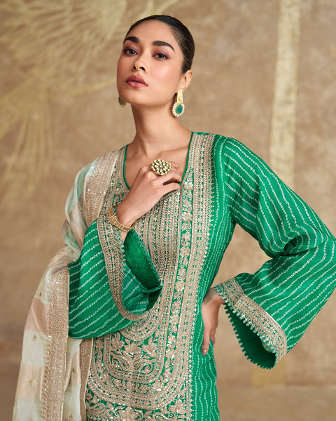 Green Women Bhandhni Print Chinnon Silk Zari Work Embroidered Readymade Sharara Suit With Embroidered Dupatta