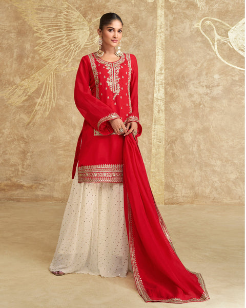 Red White Women Chinnon Silk Sequins Zari Work Embroidered Readymade Sharara Suit With Embroidered Dupatta