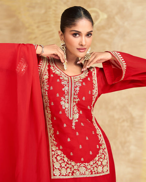 Red White Women Chinnon Silk Sequins Zari Work Embroidered Readymade Sharara Suit With Embroidered Dupatta