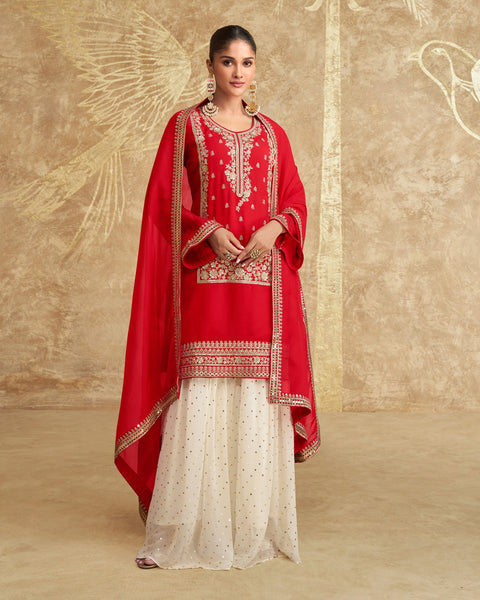 Red White Women Chinnon Silk Sequins Zari Work Embroidered Readymade Sharara Suit With Embroidered Dupatta