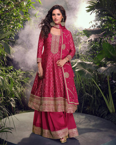 Pink Viscose Jacquard Silk Zari & Sequins Work Women Readymade Frock Suit