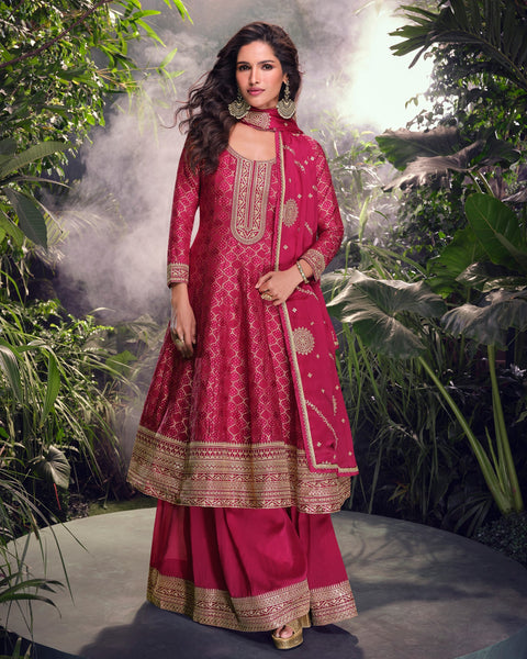 Pink Viscose Jacquard Silk Zari & Sequins Work Women Readymade Frock Suit