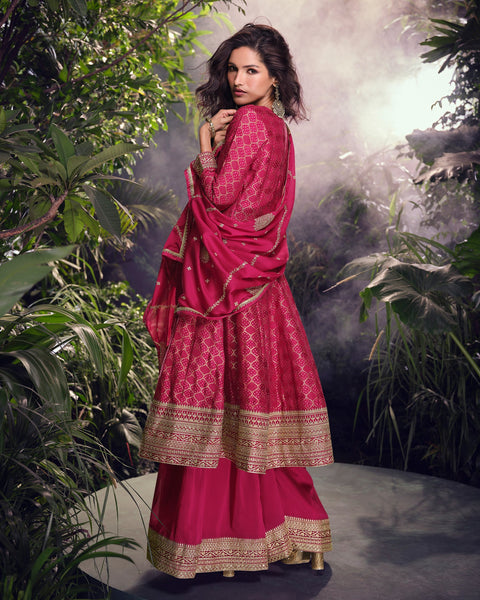 Pink Viscose Jacquard Silk Zari & Sequins Work Women Readymade Frock Suit