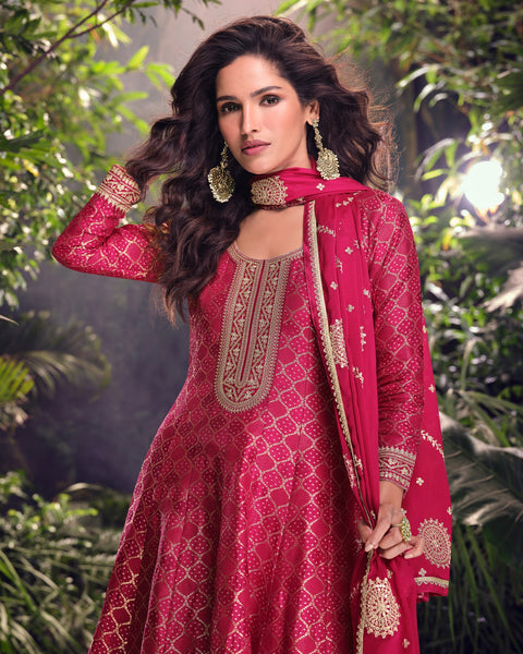Pink Viscose Jacquard Silk Zari & Sequins Work Women Readymade Frock Suit