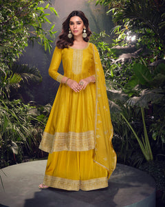 Yellow Viscose Jacquard Silk Zari & Sequins Work Women Readymade Frock Suit