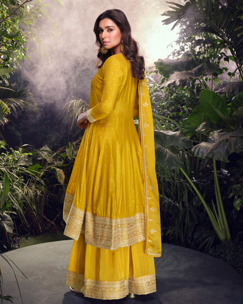 Yellow Viscose Jacquard Silk Zari & Sequins Work Women Readymade Frock Suit