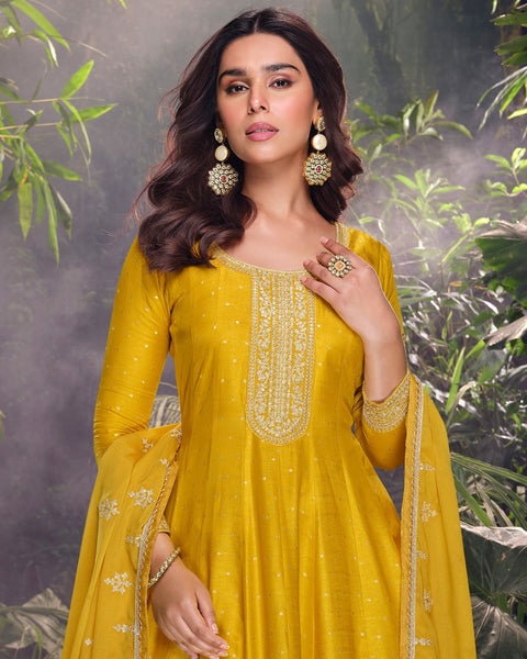 Yellow Viscose Jacquard Silk Zari & Sequins Work Women Readymade Frock Suit