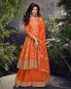 Orange Viscose Jacquard Silk Zari & Sequins Work Women Readymade Frock Suit