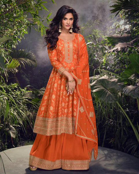 Orange Viscose Jacquard Silk Zari & Sequins Work Women Readymade Frock Suit