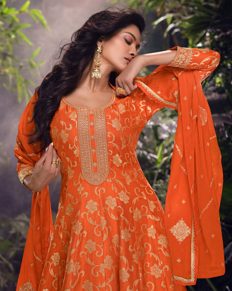 Orange Viscose Jacquard Silk Zari & Sequins Work Women Readymade Frock Suit