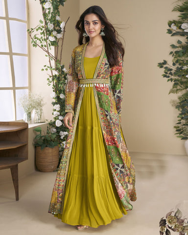 Yellow Georgette Women Readymade Anarkali Gown With Hand Work Shrug