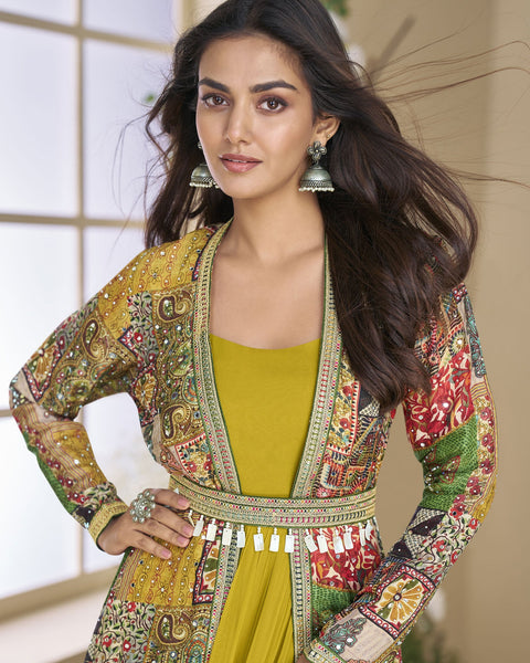 Yellow Georgette Women Readymade Anarkali Gown With Hand Work Shrug