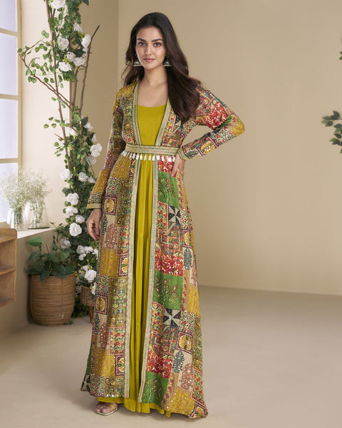 Yellow Georgette Women Readymade Anarkali Gown With Hand Work Shrug