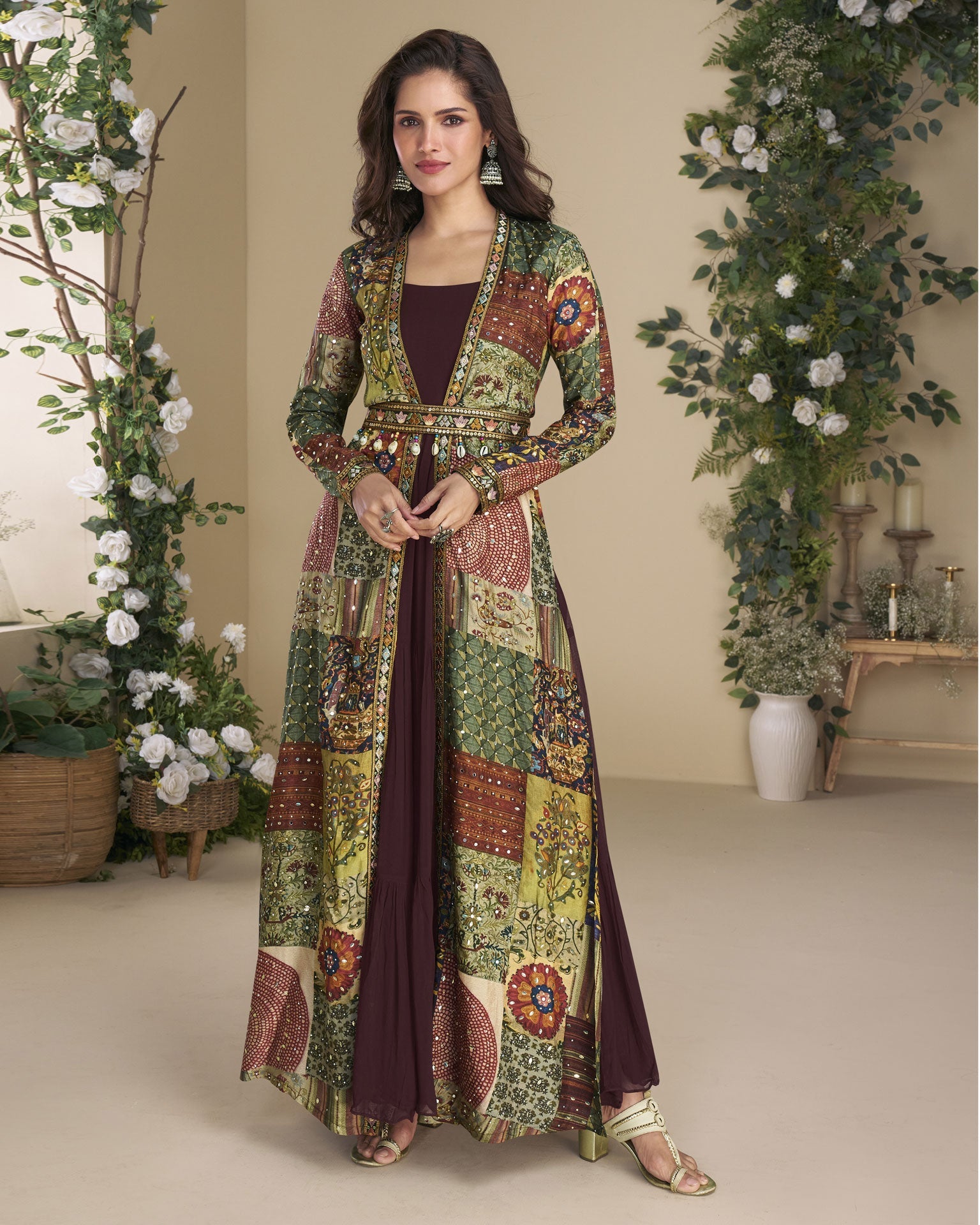 Maroon Georgette Women Readymade Anarkali Gown With Hand Work Shrug