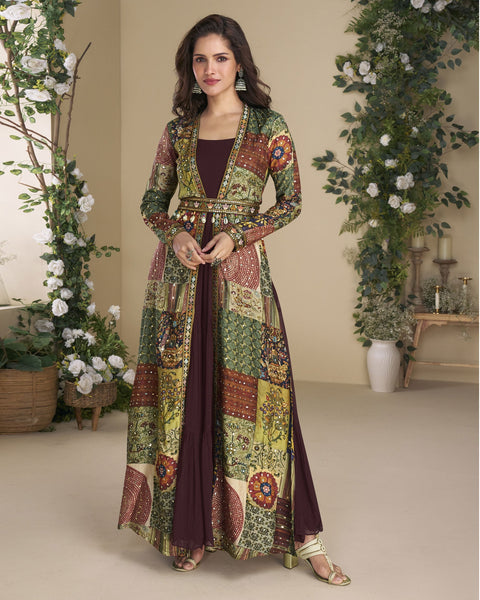 Maroon Georgette Women Readymade Anarkali Gown With Hand Work Shrug