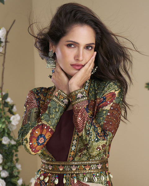 Maroon Georgette Women Readymade Anarkali Gown With Hand Work Shrug