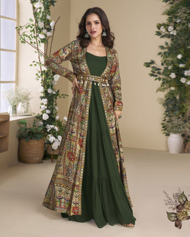 Green Georgette Women Readymade Anarkali Gown With Hand Work Shrug