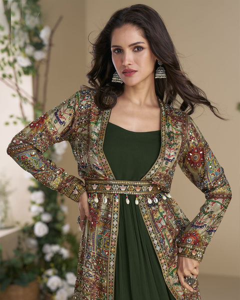 Green Georgette Women Readymade Anarkali Gown With Hand Work Shrug