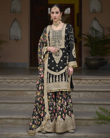 Black Women Readymade Chinnon Silk Zari Work Palazzo Suit With Chinnon Silk Dupatta