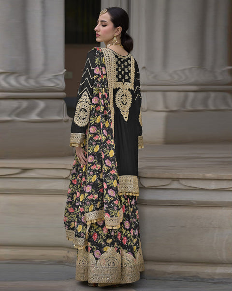 Black Women Readymade Chinnon Silk Zari Work Palazzo Suit With Chinnon Silk Dupatta