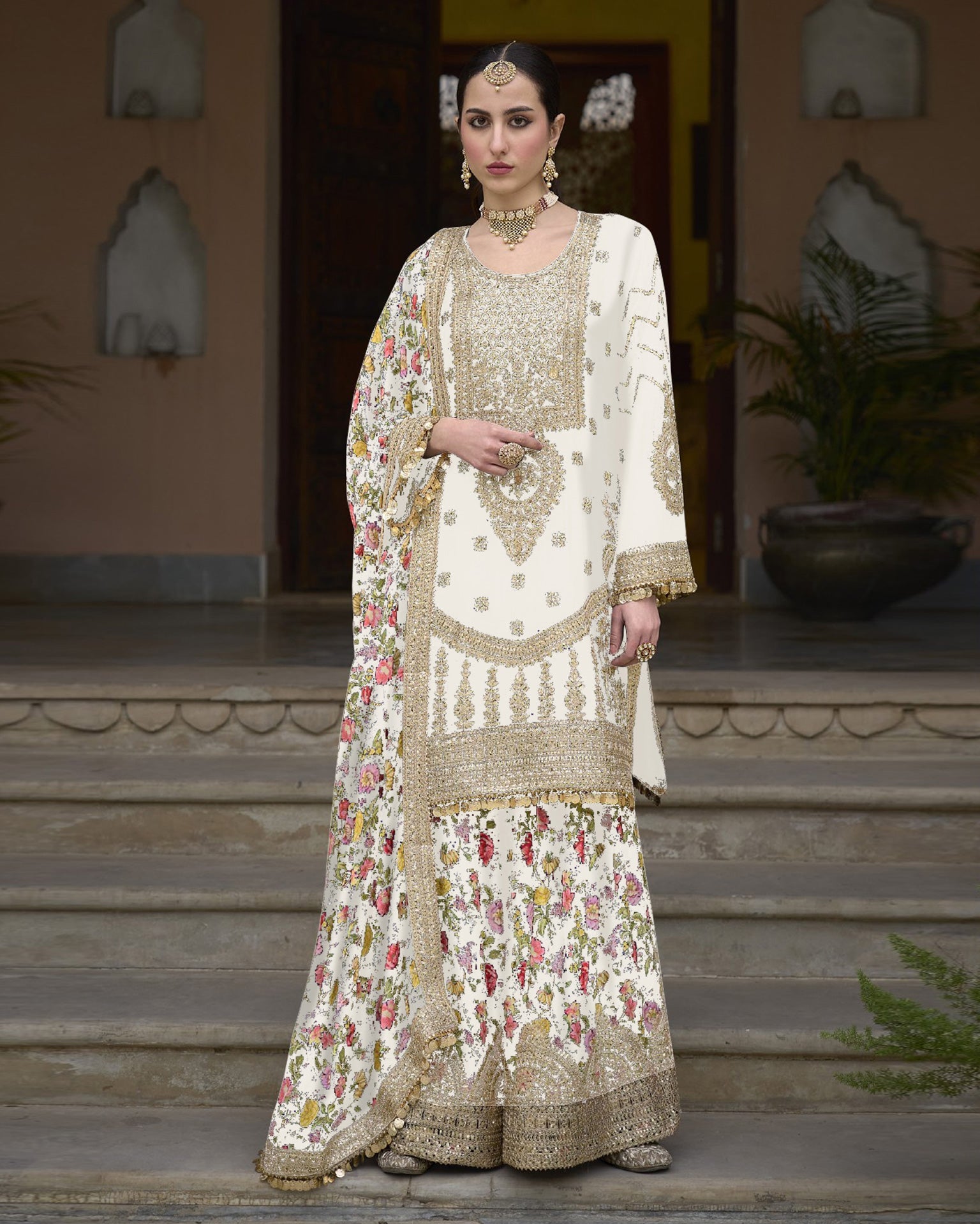 Off White Women Readymade Chinnon Silk Zari Work Palazzo Suit With Chinnon Silk Dupatta