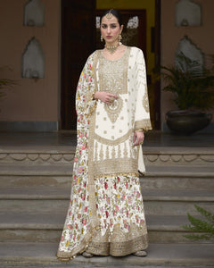 Off White Women Readymade Chinnon Silk Zari Work Palazzo Suit With Chinnon Silk Dupatta