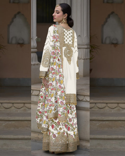 Off White Women Readymade Chinnon Silk Zari Work Palazzo Suit With Chinnon Silk Dupatta