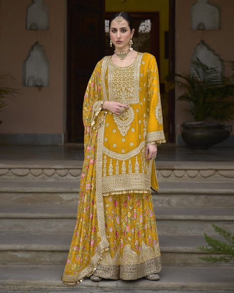 Yellow Women Readymade Chinnon Silk Zari Work Palazzo Suit With Chinnon Silk Dupatta