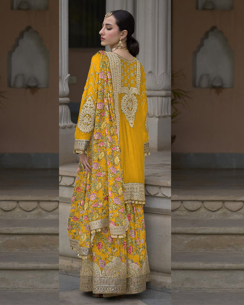 Yellow Women Readymade Chinnon Silk Zari Work Palazzo Suit With Chinnon Silk Dupatta